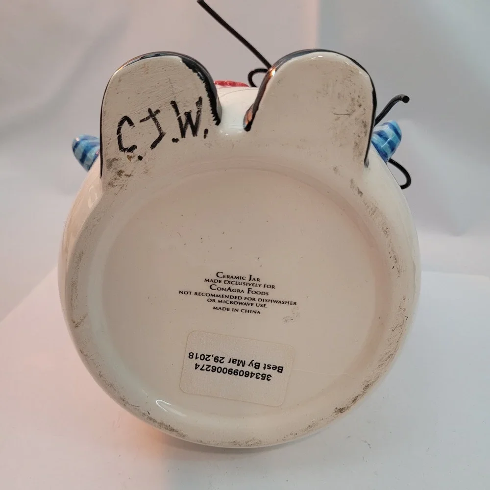 ConAgra Foods‎ Snowman Ceramic Cookie Jar Canister Blue Hat Red Scarf Hinge Lid